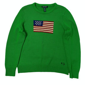 Women's LAUREN RALPH LAUREN Flag Cotton Crew Neck Long Sleeve Sweater Green LRL